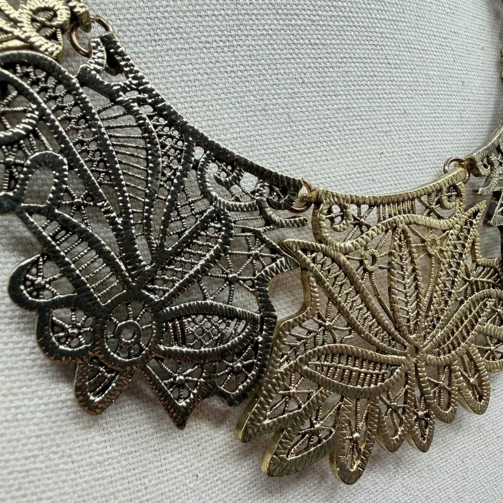 Antique Gold Tone Filigree Floral Bib Necklace Boho Statement Festival Jewelry